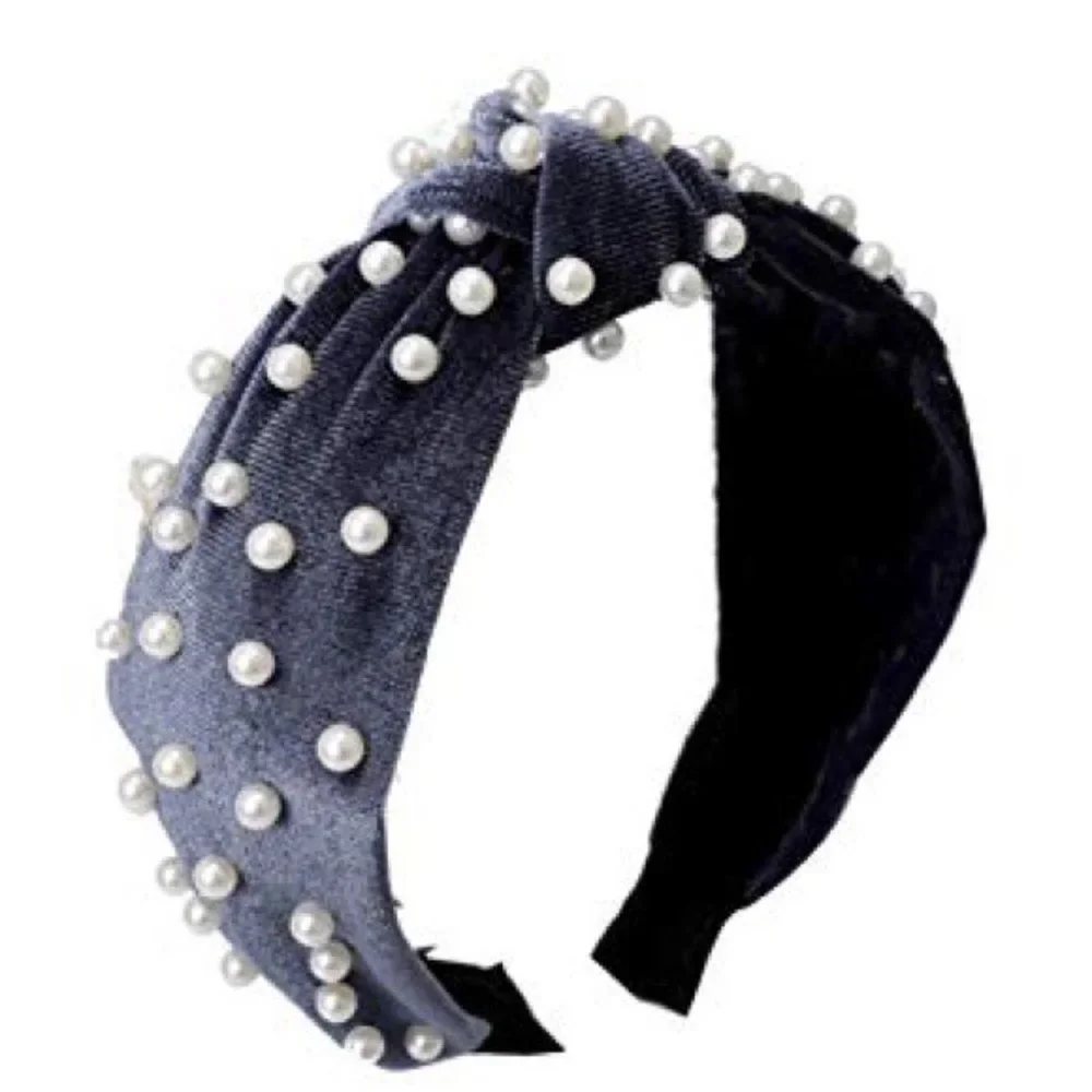 NEW Gray velvet pearl beaded headband faux pearl hair band